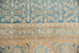 Distressed vintage Birjand carpet with sky blue Herati field and beige turtle motif border.