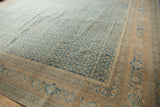 Vintage Distressed Birjand carpet with sky blue Herati field and beige inverted turtle border.
