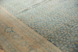 Distressed Birjand carpet's soft sky blue Herati field meets sand-toned turtle border.