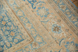 Vintage distressed Birjand rug detail: sky blue Herati motifs, worn beige pile, turtle border.
