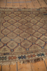 Patinated pile with blue and rust serrated plant motifs on an antique Caucasian rug.