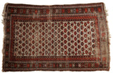 Vintage Caucasian rug, ivory field, floral boteh pattern in wine red, oxidized silver, 3'8