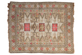 Vintage Caucasian square rug, triple geometric starburst medallions, beige, pink, tangerine orange, 4x5 feet.