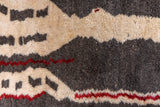 Close-up of thick, shaggy pile with charcoal, cream, and red geometric design.