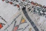 Shaggy ivory pile, vibrant orange tufts, and woven charcoal geometric band on a Moroccan carpet.