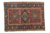 Vintage Karaja square rug with brick red, indigo blue geometric triple medallion and pawn design, 2'11