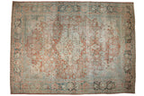 Distressed vintage Mahal carpet, central floral medallion, terracotta, silver, ivory hues, 11'3