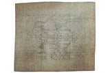 Vintage Distressed Oushak rug, allover geometric tree of life motifs, muted ivory and silver.