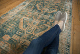 Vintage distressed Hamadan runner with worn dusty ocean green geometric floral design.