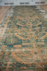 Distressed Hamadan runner's texture with geometric patterns in dusty ocean green and beige.