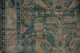 Hamadan runner detail: distressed dusty ocean green and beige geometric pattern, mostly even wear.