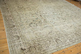 Distressed Oushak rug border with ivory and brown vinery, subtle silver tones.