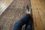 Distressed pile of a vintage Hamadan runner, highlighting faded terracotta and blue Herati.