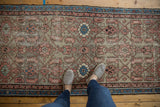 Distressed vintage Hamadan runner with faded terracotta Herati motif, oxidized silver tones, and indigo blue border.