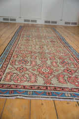 Distressed vintage Hamadan runner: time-softened terracotta Herati pattern with silver and indigo.