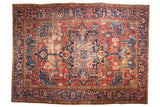 Vintage Karaja Carpet, elongated medallion with gem-tone red and blue geometric patterns, augmented hues.