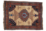 Antique Afshar rug: stepped medallion and tree-of-life florals on unusual ivory, 4'5