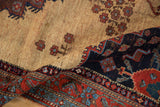Antique Afshar rug featuring unusual ivory field's geometric florals and dark aubergine border patterns.