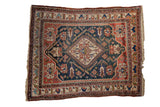 Antique Afshar carpet, deep teal field, geometric diamond medallion, terracotta and ivory borders.