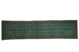 Vintage overdyed Belouch runner with dark tree of life motifs on a faded aqua field, 2'3