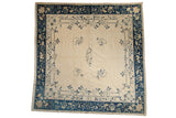 Antique Peking square carpet, ivory field, blue floral vinery, corner butterflies. 10x10 ft.