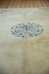 Close view of the even, short pile of an antique Peking carpet's ivory field and blue floral medallion.