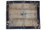 Vintage Peking carpet with oxidized silver field, pictorial motifs, and cobalt blue border.