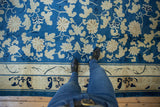 Antique Peking carpet with sky blue field, ivory vinery, blossoming flowers, and scrolling border.