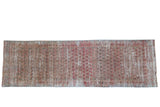 Hand-knotted distressed Persian Malayer runner with faded repeating botehs, silver and blush.
