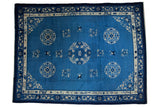 Vintage Chinese Peking carpet with blue field, ivory medallions, floral designs, and pictorial borders.
