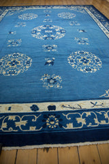 Blue vintage Peking carpet's lower border, ivory meandering vines, and fringe detail.