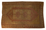 Distressed Vintage Oushak rug, double medallion, floral borders, gold and wine red, 5'2