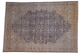Vintage distressed Sparta carpet, allover faded floral arabesque in charcoal, beige, rust, 8' x 11'5