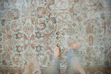 Vintage Mahal carpet with allover floral pattern, powder blue field, rust, brown motifs, pile wear.
