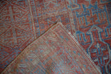 Distressed Belouch carpet corner, showing worn geometric patterns, indigo, terracotta, and foundation.