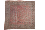 Distressed vintage Turkish Sparta carpet with allover faded blush, silver, and navy floral pattern.