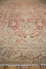 Distressed vintage Heriz carpet with geometric field and turtle border in red, ivory, silver.