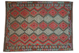 Vintage Afghani Kilim carpet, geometric diamonds in charcoal, cherry red, dusty blue. 7'1