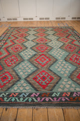 Serrated geometric diamond patterns with floral guls in cherry red and dusty blue.