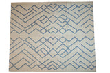 Afghani Abstract Kilim carpet featuring an ivory and pale denim blue geometric mountain pattern, 10'9