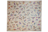 Pakistani pictorial Kilim square carpet with an allover design of colorful, embroidered birds on an ivory field.