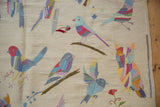 Detailed view of embellished stitching creating colorful pictorial bird motifs.