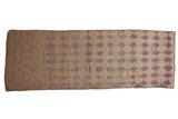 Distressed vintage Moroccan runner rug, trellis diamond pattern with dynamic purple, mauve, ivory tones.