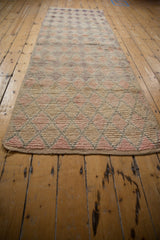 Moroccan runner with geometric diamond pattern, distressed short pile, pale rose, ivory.
