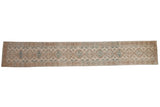 Vintage distressed Northwest Persian runner rug with ivory, brown, and blue medallions, 2'5