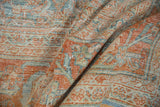 Visible distressed Herati pattern and texture in terracotta, pale blue, and ivory pile.