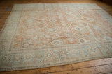 Corner detail of distressed vintage Mahal carpet, terracotta and powder blue Herati motifs, mostly even wear.