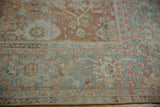 Vintage distressed Mahal carpet with mostly even wear, terracotta and powder blue Herati motif.