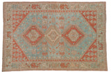 Distressed Vintage Caucasian rug with powder blue and pale cherry red triple medallions.