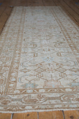 Distressed Hamadan runner with geometric Herati motif in platinum, beige, and powder blue.